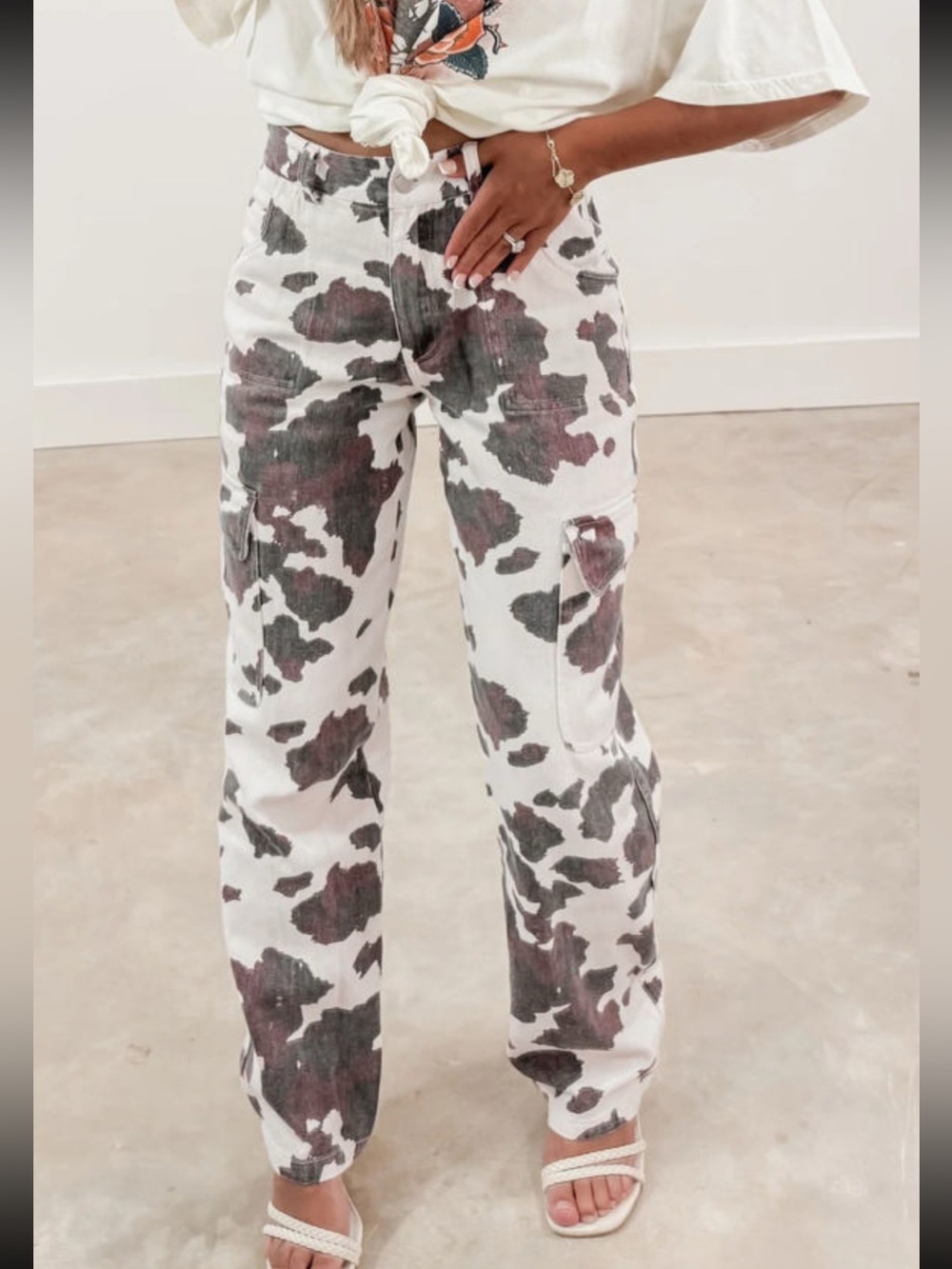 1304. Brown cow spot printed cargo straight leg denim